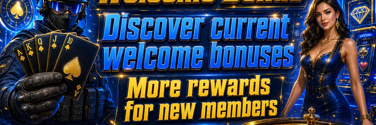 Tactical casino soldier and glamorous female host framed by blue metallic panels, golden cards and glowing casino interface symbols